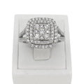 9 carat white gold cushion cluster ring.