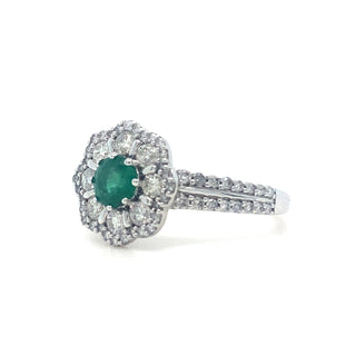 18K White Gold Emerald & Diamond  Flower Ring