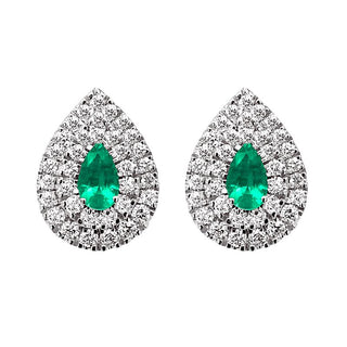 9K White Gold Emerald & Diamond Double Halo Earrings