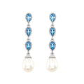 9K White Gold Pearl & Swiss Blue Topaz Triple Drop Earrings