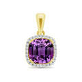 9K Yellow Gold Cushion Amethyst Diamond Halo Set Pendant