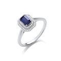 9ct Wg Double 0.10ctw Diamond Halo Ring With 0.70ct Emerald Cut Sapphire