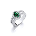 Oval Green CZ With Baguette & Round CZ On Shoulder Silver Ring