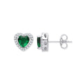 Silver Green CZ Halo Heart Stud Earrings