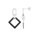 Silver Square Black Enamel Drop Earrings