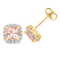 9K Yellow Gold Cushion Morganite & Diamond Stud Earrings