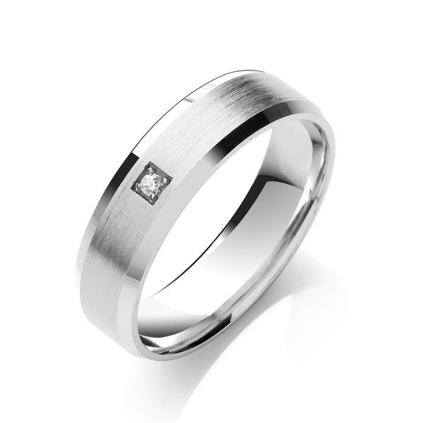 0.02ct Sterling Silver Brilliant Cut Diamond Set 6mm Flat Court Bevelled Edge Matt Centre Wedding Band