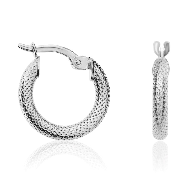 9K White Gold 15mm Dimple Facet Hoop Earrings
