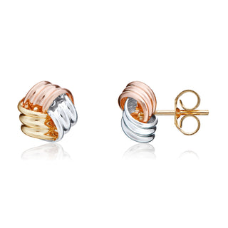 9K 3 Colour Gold Ribbed Knot Stud Earrings