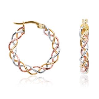 9K 3 Colour Gold Twisted Cage Hoop Earrings