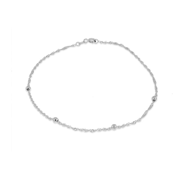 9K White Gold Balls & Twist Curb Chain Anklet /10"