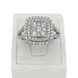 9 carat white gold cushion cluster ring.