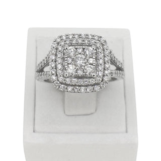 9 carat white gold cushion cluster ring.