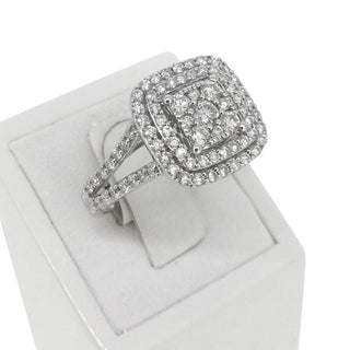 9 carat white gold cushion cluster ring.
