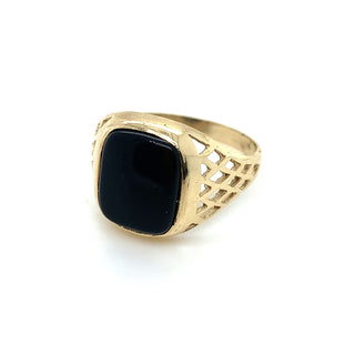 9K Yellow Gold Cushion Onyx Lattice Signet Ring