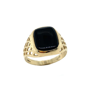 9K Yellow Gold Cushion Onyx Lattice Signet Ring