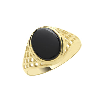 9K Yellow Gold Oval Onyx Lattice Signet Ring