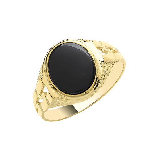 9K Yellow Gold Oval Onyx Curb Side Signet Ring