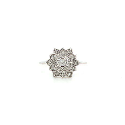 9K White Gold 0.15ct Diamond Vintage Style Flower Ring