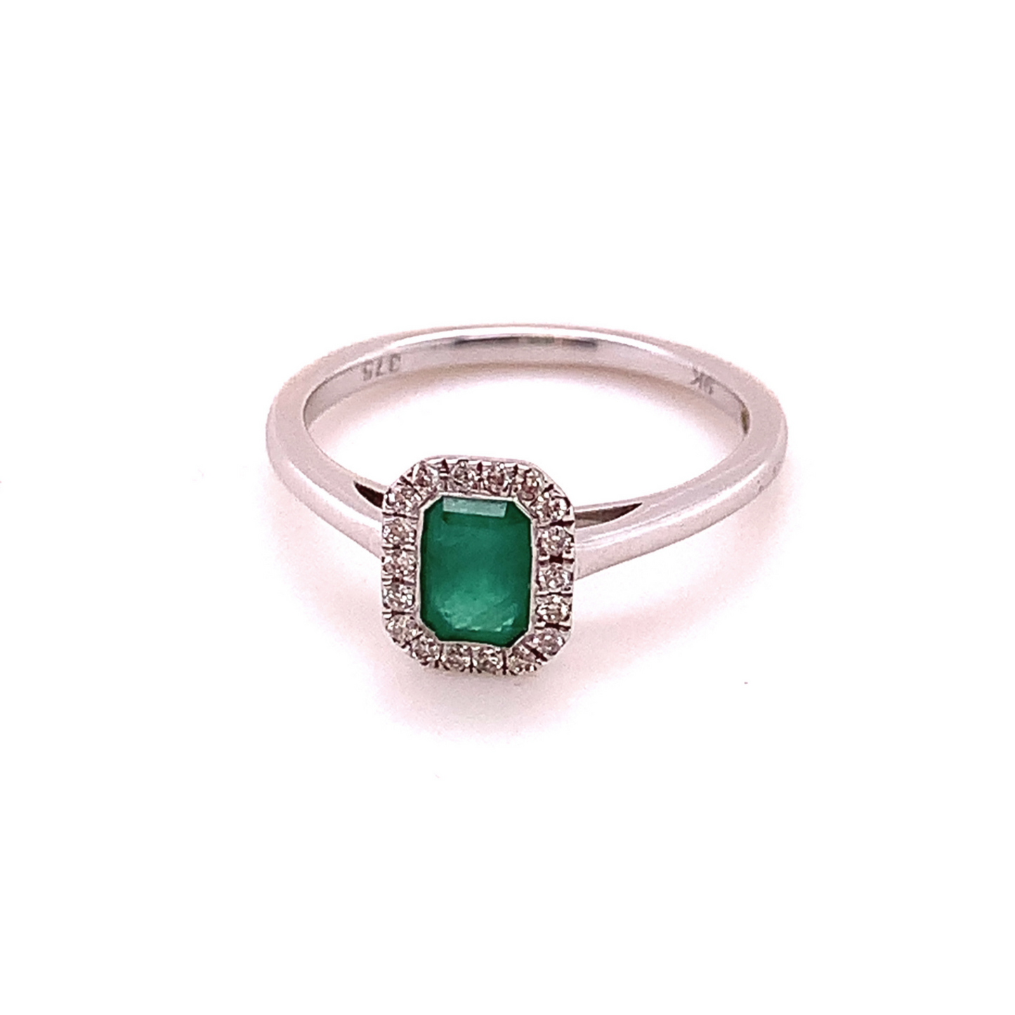 9K White Gold Emerald and Diamond Halo Ring