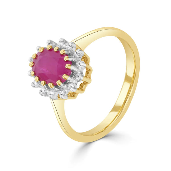 9K Yellow Gold Ruby & Diamond Halo Ring