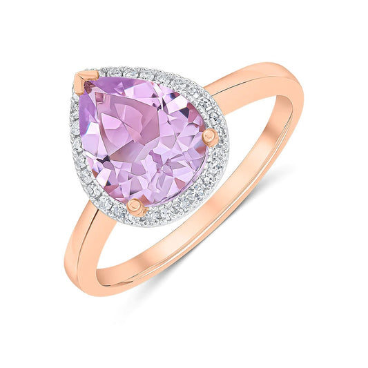 9K Rose Gold Pink Amethyst & Diamond Halo Ring