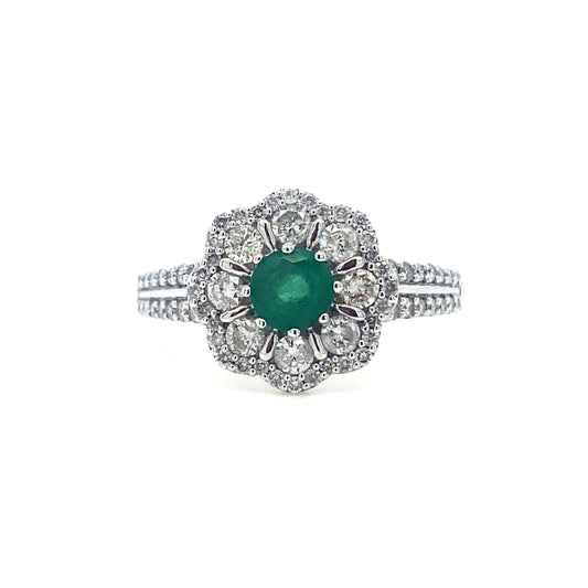 18K White Gold Emerald & Diamond  Flower Ring