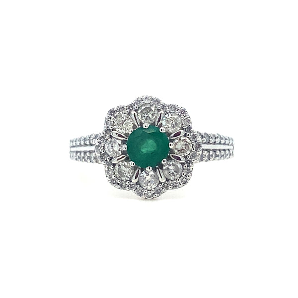 18K White Gold Emerald & Diamond  Flower Ring