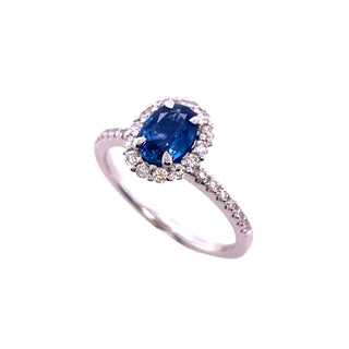 9K White Gold Oval Sapphire and Diamond Halo Ring