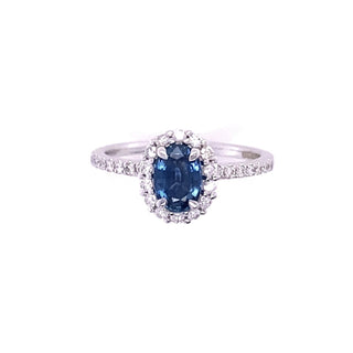 9K White Gold Oval Sapphire and Diamond Halo Ring
