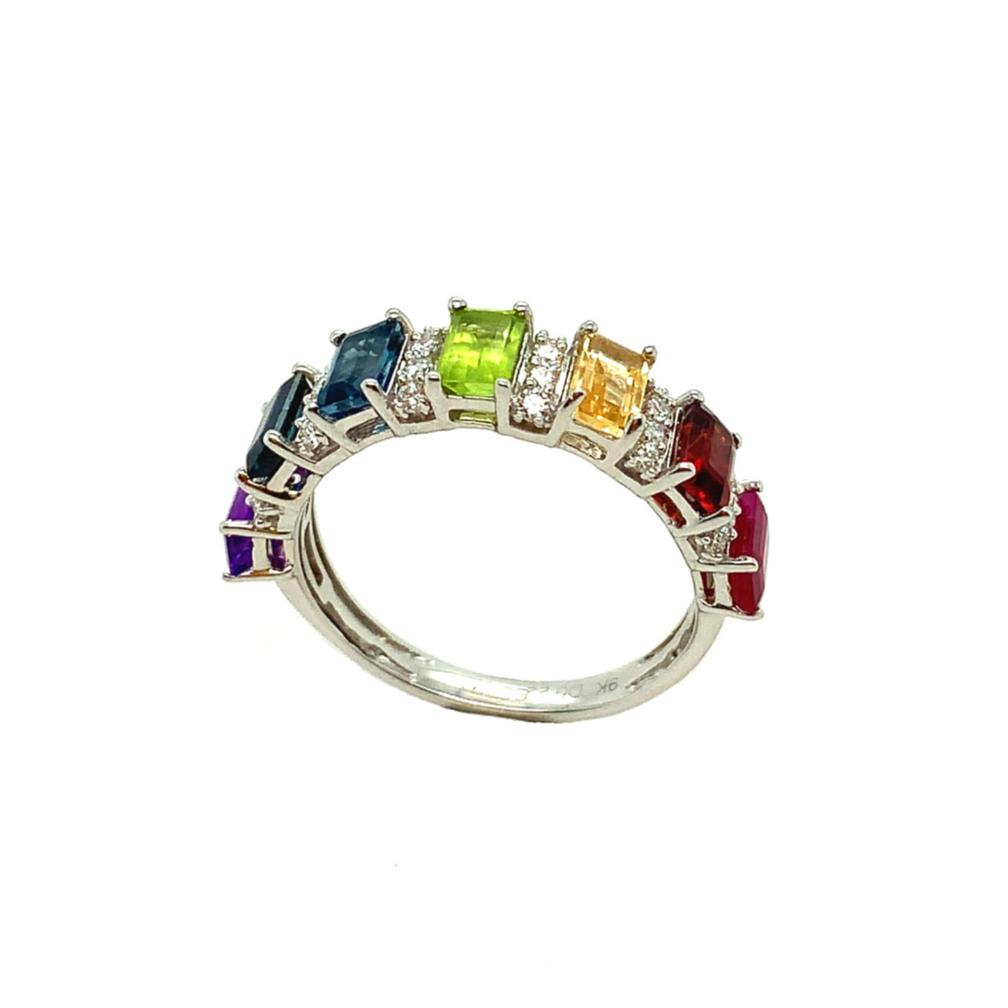 9K White Gold Rainbow Gemstone and Diamond Ring