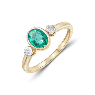 9K Yellow Gold Oval Emerald & Diamond Ring