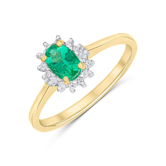 9K Yellow Gold Oval Emerald & Diamond Halo Ring