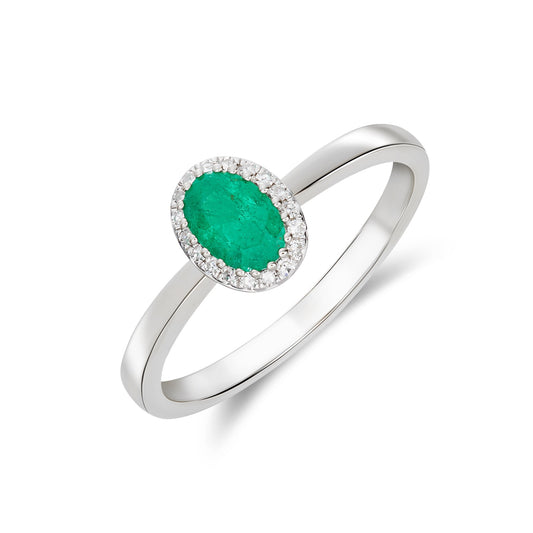 9K White Gold Oval Emerald & Diamond Halo Ring