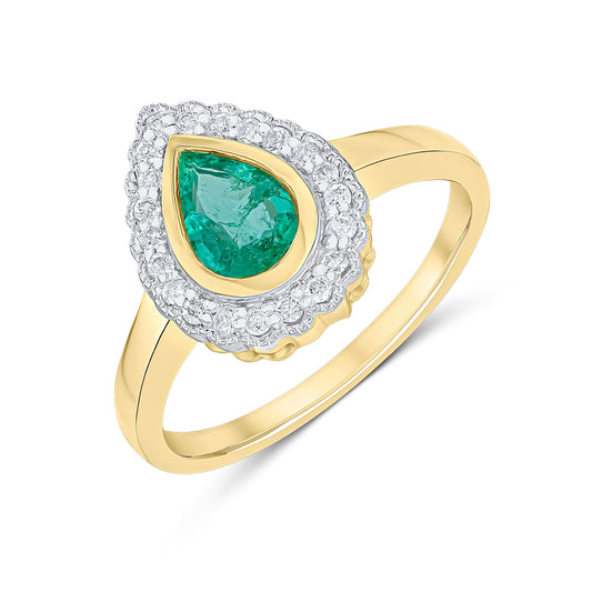 9K Yellow Gold Pear Emerald & Diamond Halo Ring