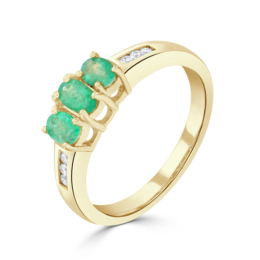 9K Yellow Gold Oval Emerald & Diamond Trilogy Ring