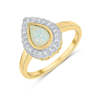 9K Yellow Gold Pear Opal & Diamond Halo Ring