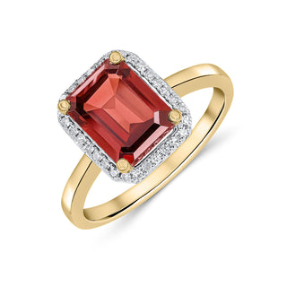 9K Yellow Gold Emerald Cut Garnet & Diamond Halo Ring