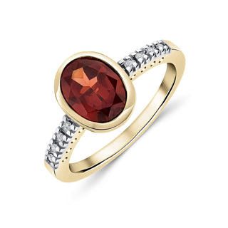 9K Yellow Gold Oval Garnet & Diamond Shoulder Ring