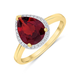 9K Yellow Gold Pear Garnet & Diamond Halo Ring