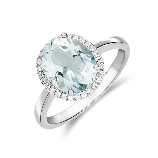 9K White Gold Oval Aquamarine & Diamond Halo Ring