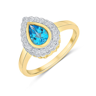 9K Yellow Gold Pear Blue Topaz & Diamond Halo Ring