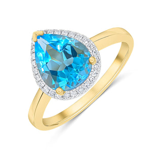 9K Yellow Gold Pear Blue Topaz & Diamond Halo Ring