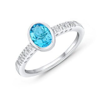 9K White Gold Oval Blue Topaz & Diamond Shoulder Ring