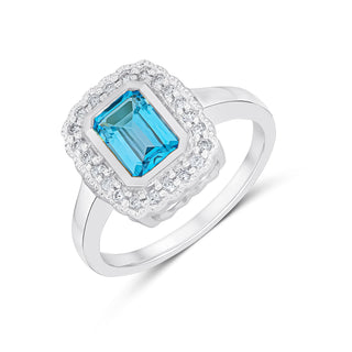 9K White Gold Emerald Cut Blue Topaz & Diamond Halo Ring