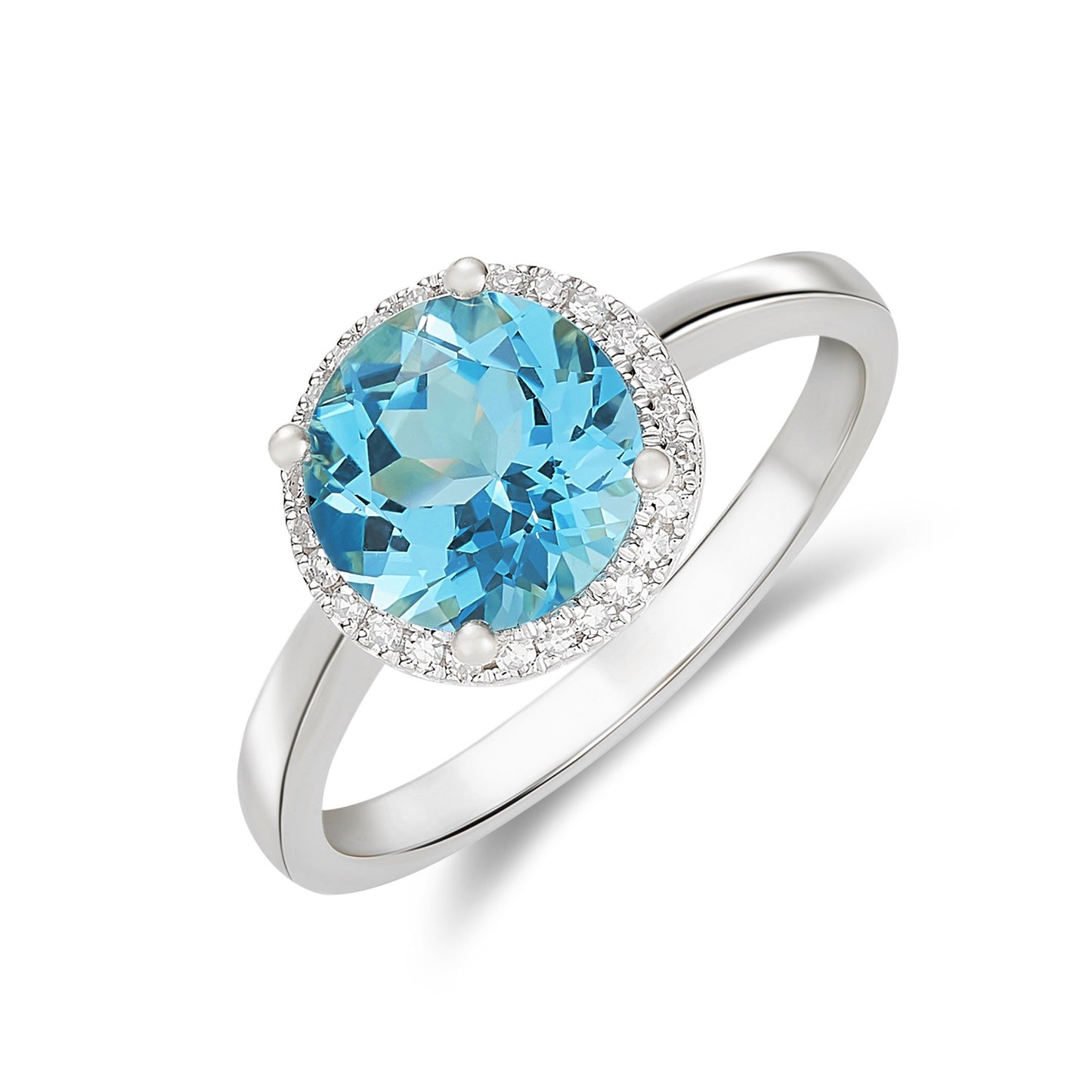 9K White Gold Round Blue Topaz & Diamond Halo Ring