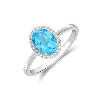 9K White Gold Oval Blue Topaz & Diamond Halo Ring