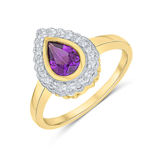 9K Yellow Gold Pear Amethyst & Diamond Halo Ring