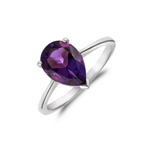 9K White Gold Pear Amethyst Solitaire Ring