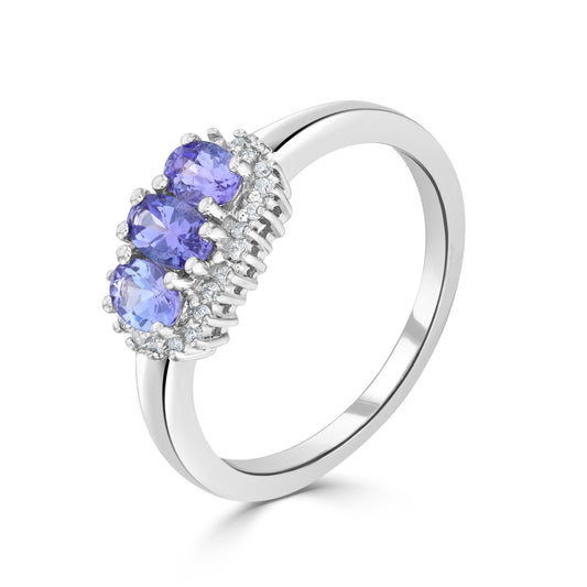 9K White Gold Oval Tanzanite Trilogy Cluster Ring